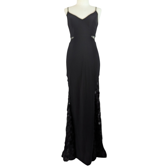 Betsy & Adam Soutache Formal Gown Full Length Lace V-Neck Thin Strap Black 2 NWT - Picture 2 of 14